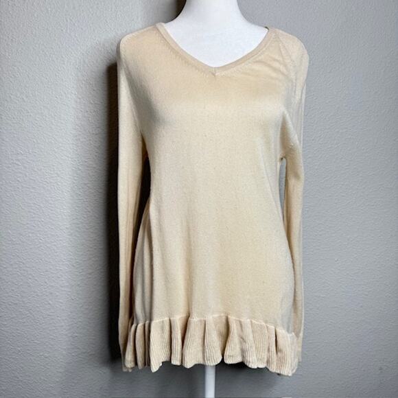 Claudia Nichole Luxury Silk/Cashmere Cream Ruffle Pullover Sweater Sz Med - Picture 1 of 12